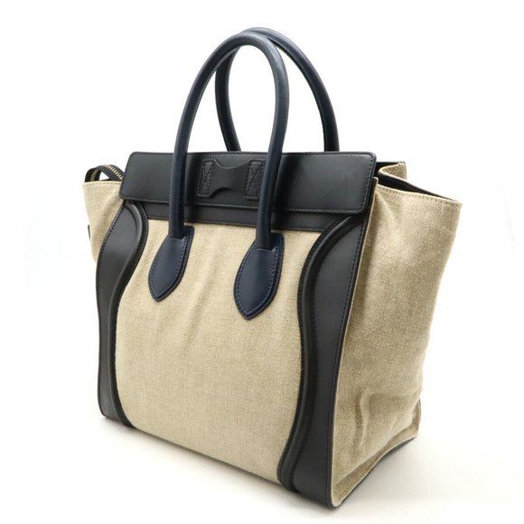 CELINE Luggage Shopper Tote Bag Handbag Linen Leather Beige Black Navy 165212 - Picture 3 of 10